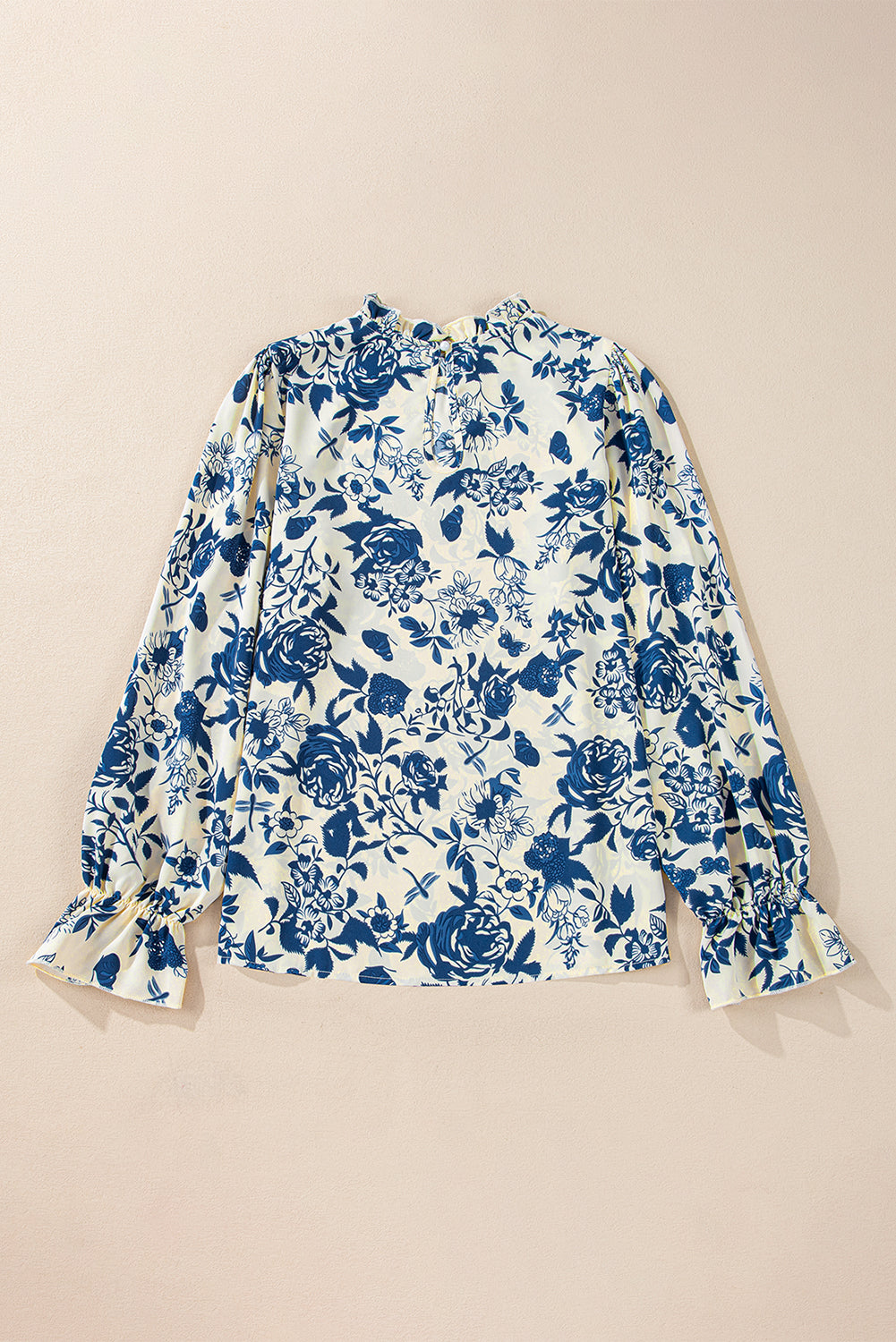 Blue Floral Print Flounce Sleeve Keyhole Back Blouse