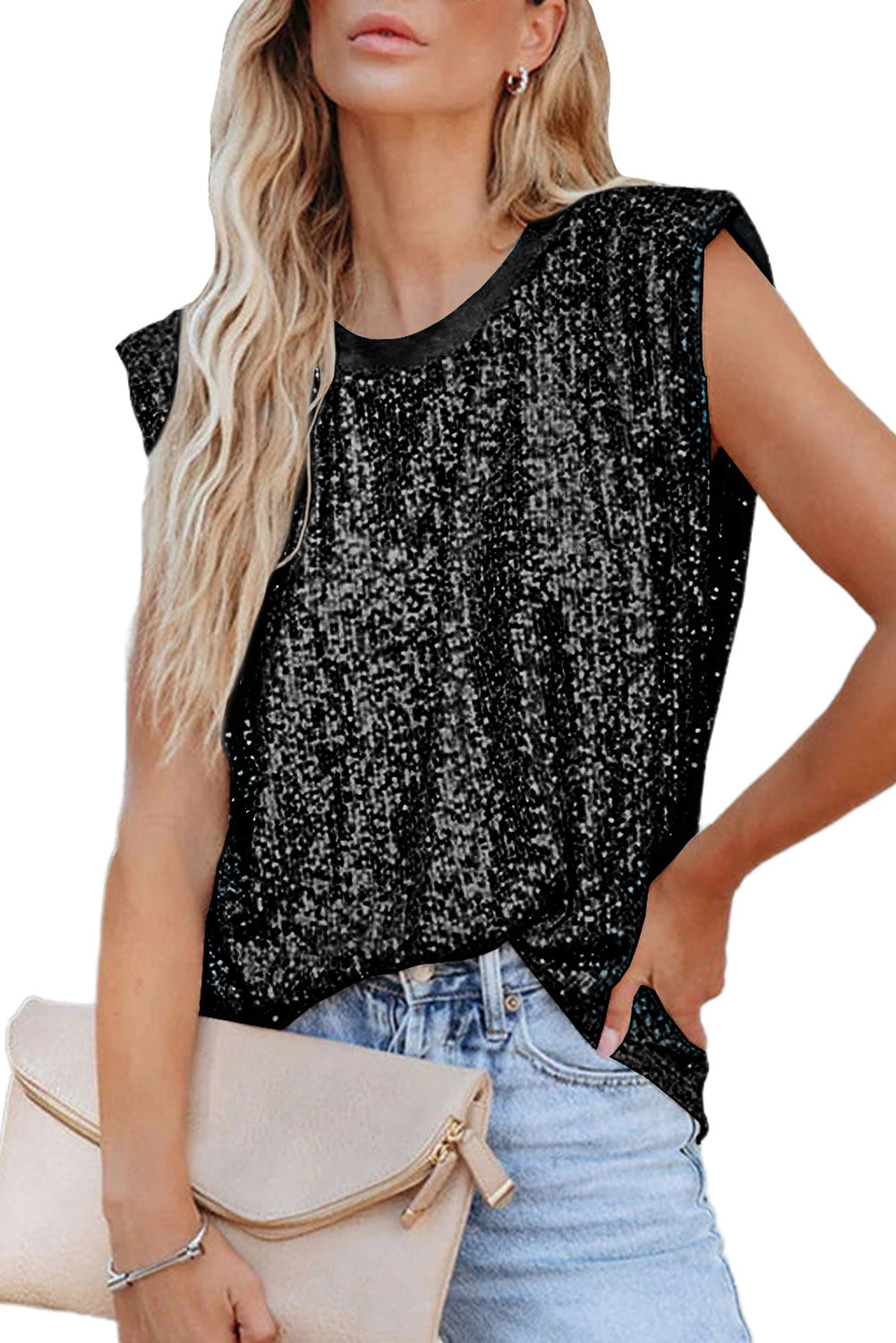 Black Apricot Sequin Round Neck Tank Top