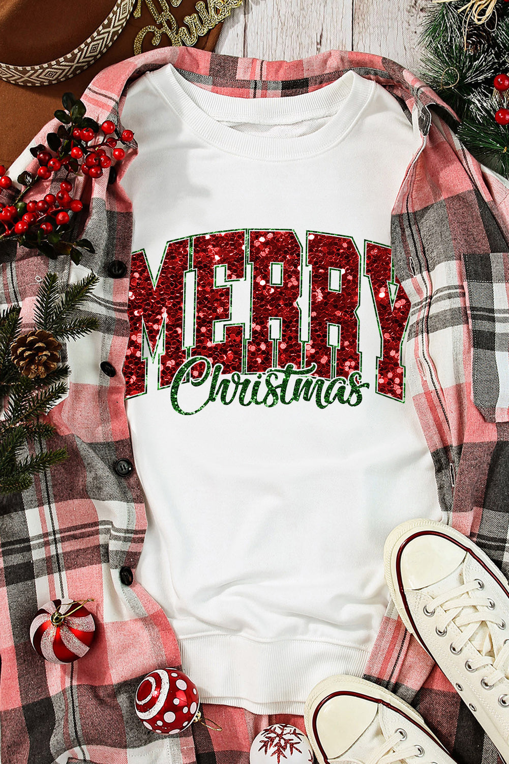 MERRY Christmas Heat Transfer Printing Crewneck Pullover Sweatshirt