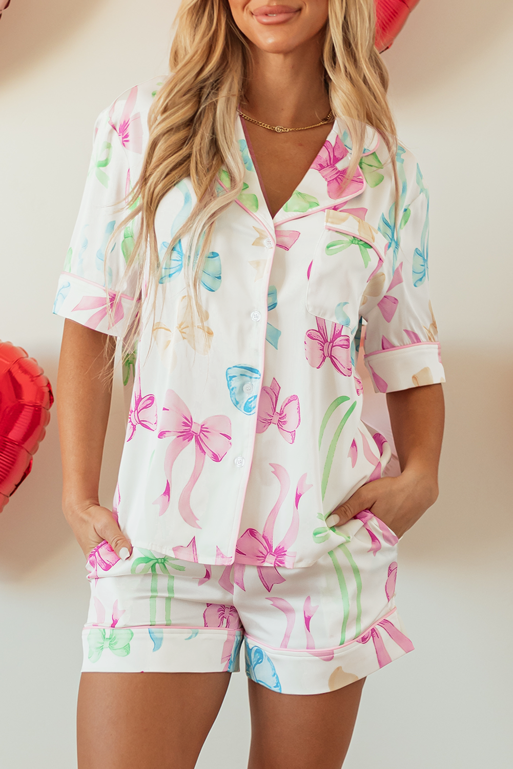 White Bowknot Print Buttoned Shirt High Waist Shorts Pajama Set