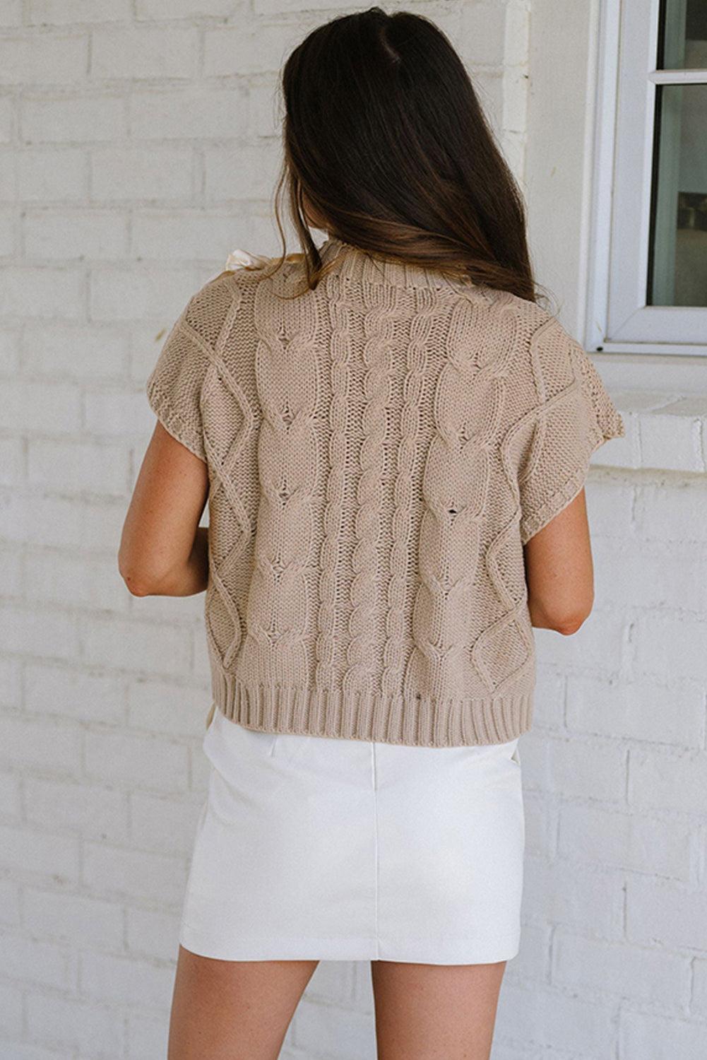 Taupe Cable Knit Satin Bowknot Short Sleeve Sweater