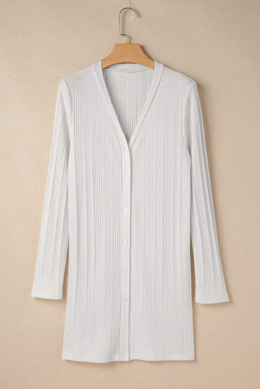 White Ribbed Button up Tunic Cardigan