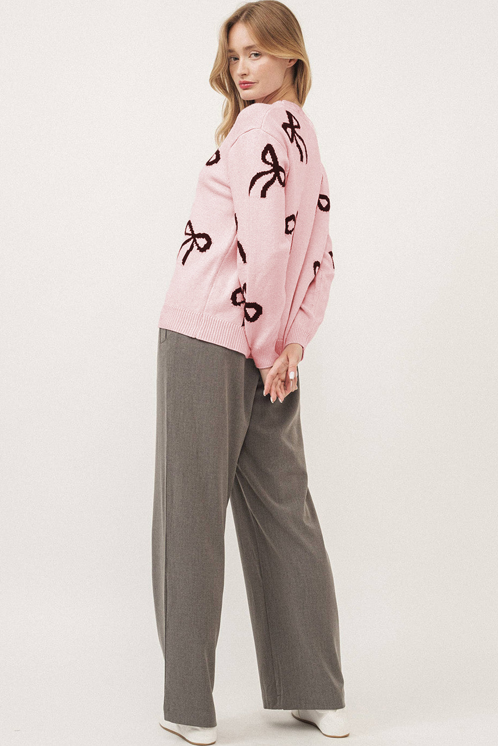 Light Pink Bow Pattern Loose Fit Sweater