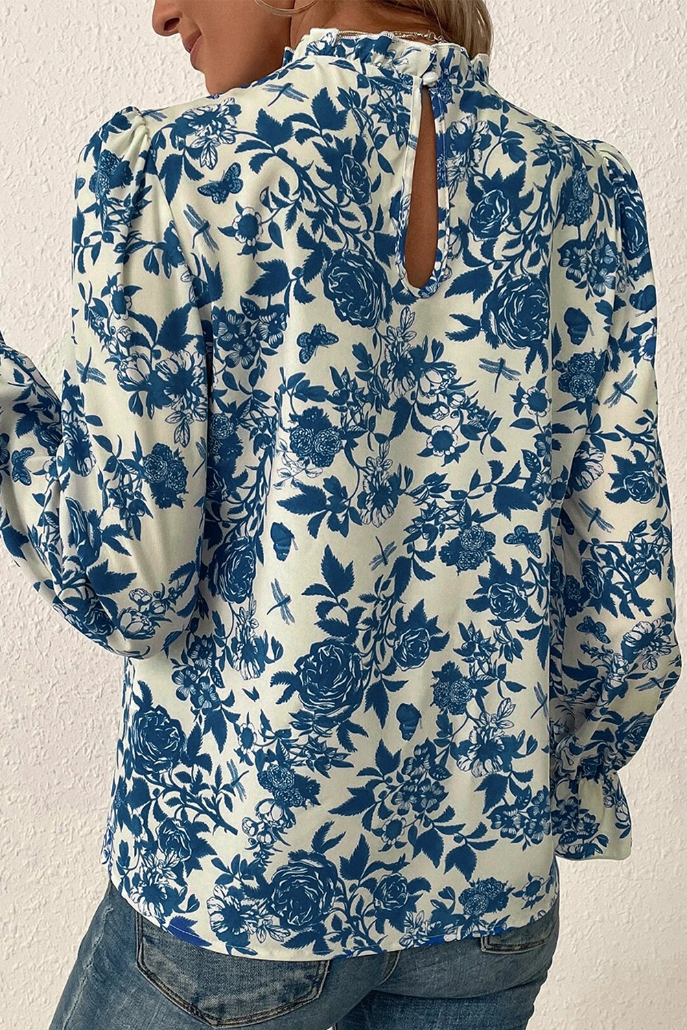 Blue Floral Print Flounce Sleeve Keyhole Back Blouse