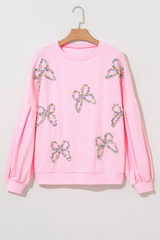 Light Pink Embroidered Bow Lantern Sleeve Oversized Pullover Sweatshirt