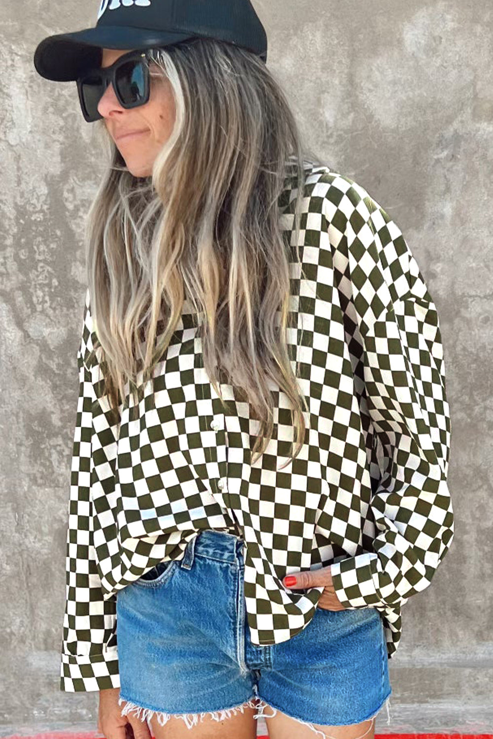 Green Checkerboard Printed Drop Shoulder Shirt