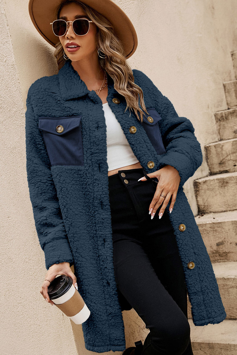 Blue Contrast Flap Teddy Coat