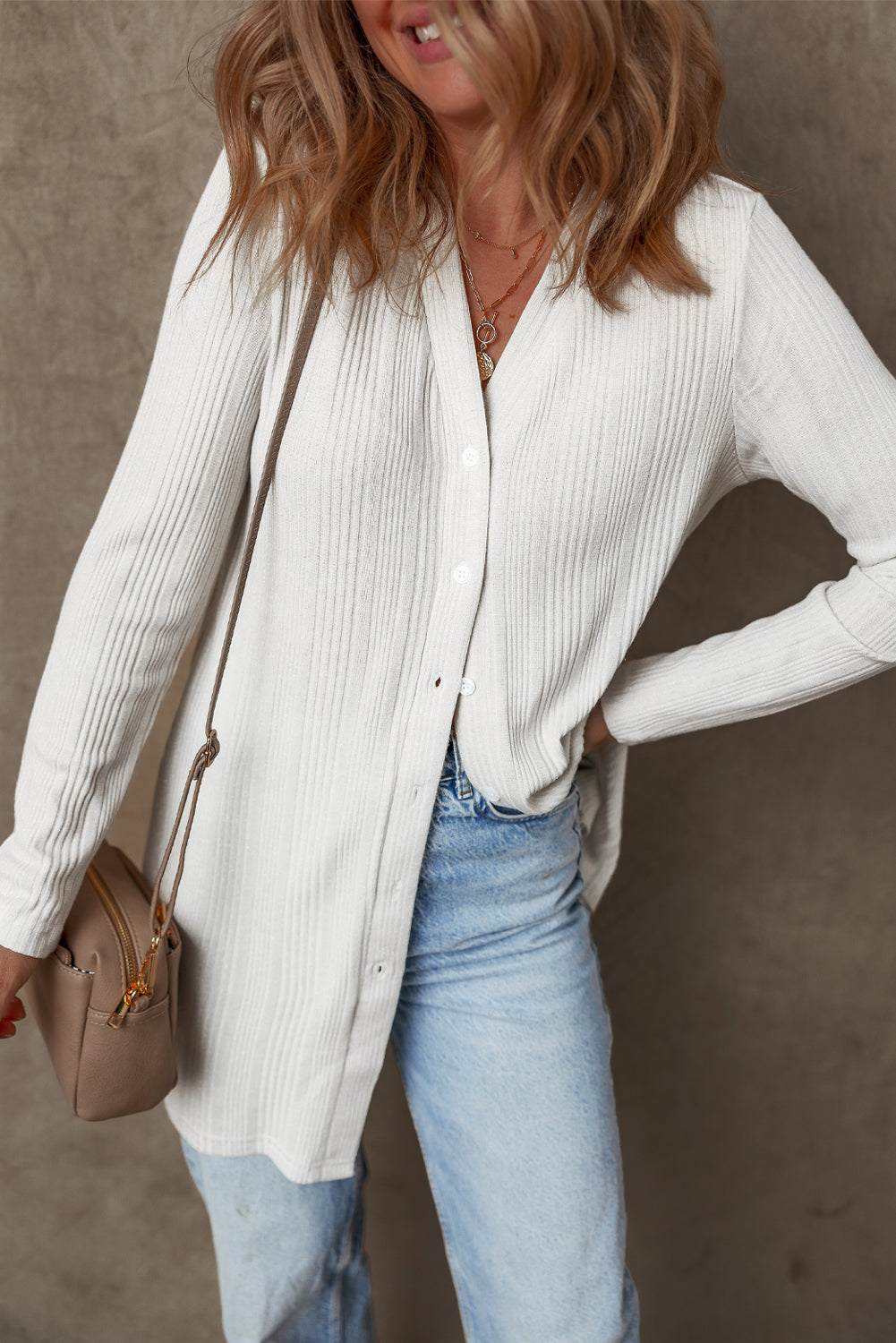 White Ribbed Button up Tunic Cardigan