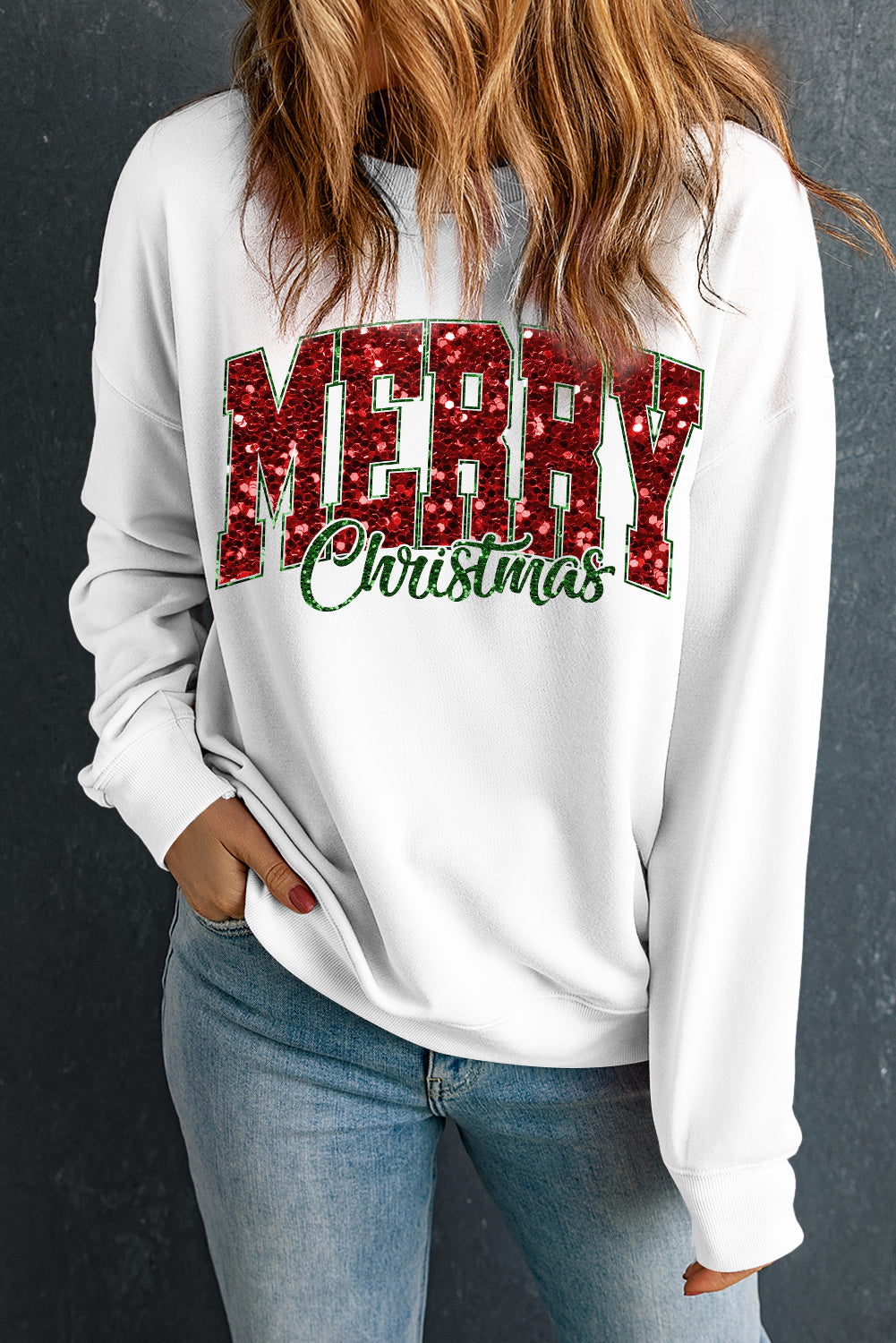 MERRY Christmas Heat Transfer Printing Crewneck Pullover Sweatshirt