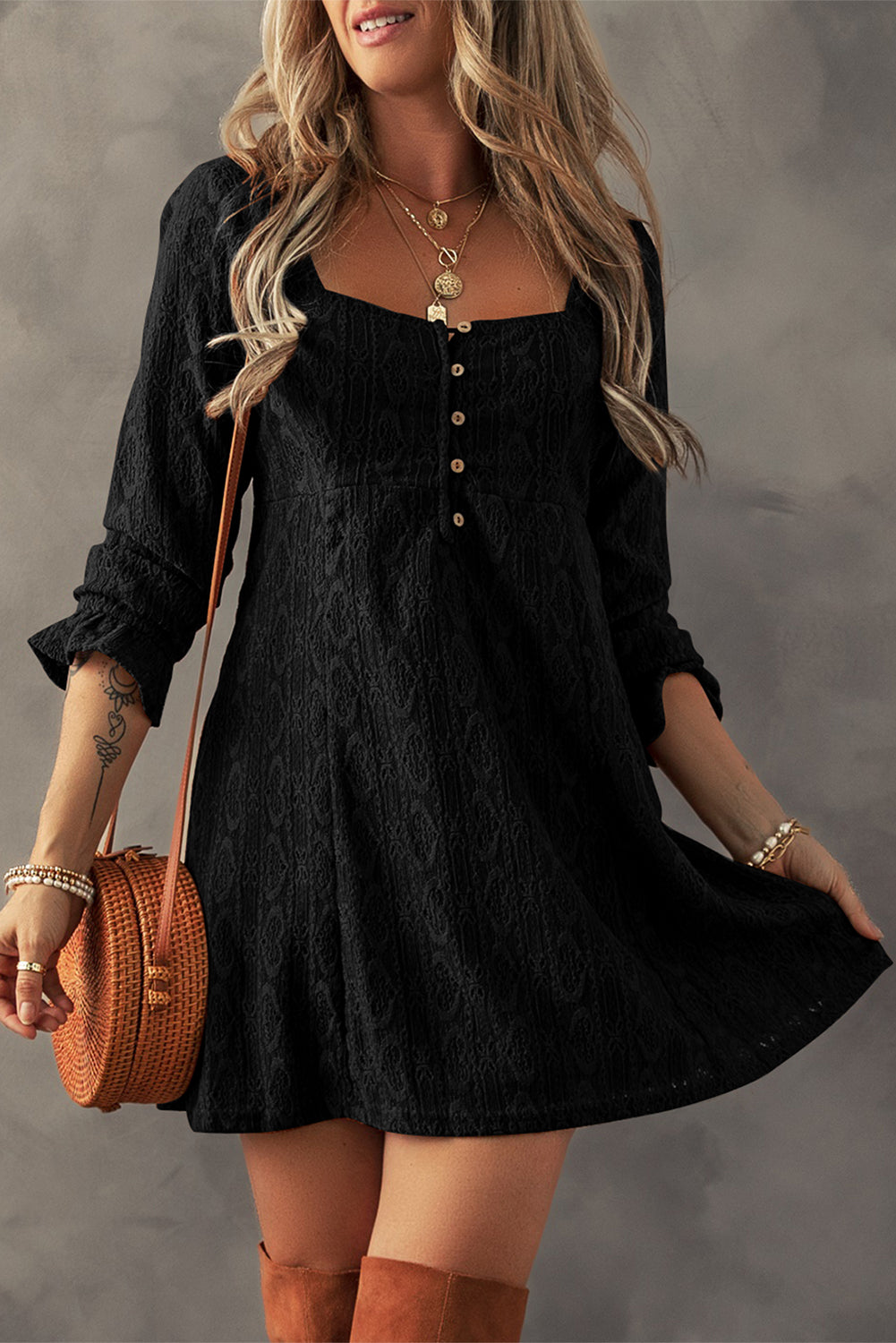 Black Lace Crochet Buttoned Square Neck Shift Mini Dress