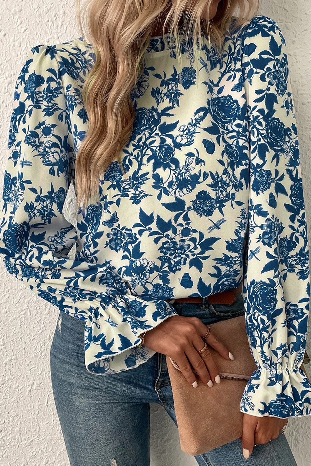 Blue Floral Print Flounce Sleeve Keyhole Back Blouse