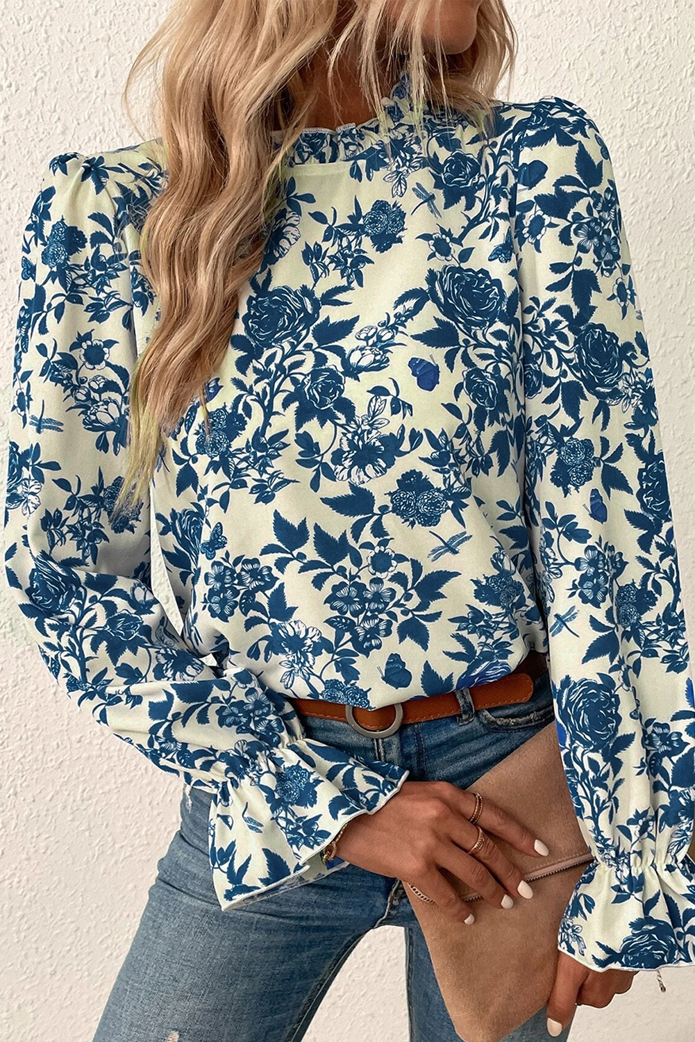 Blue Floral Print Flounce Sleeve Keyhole Back Blouse