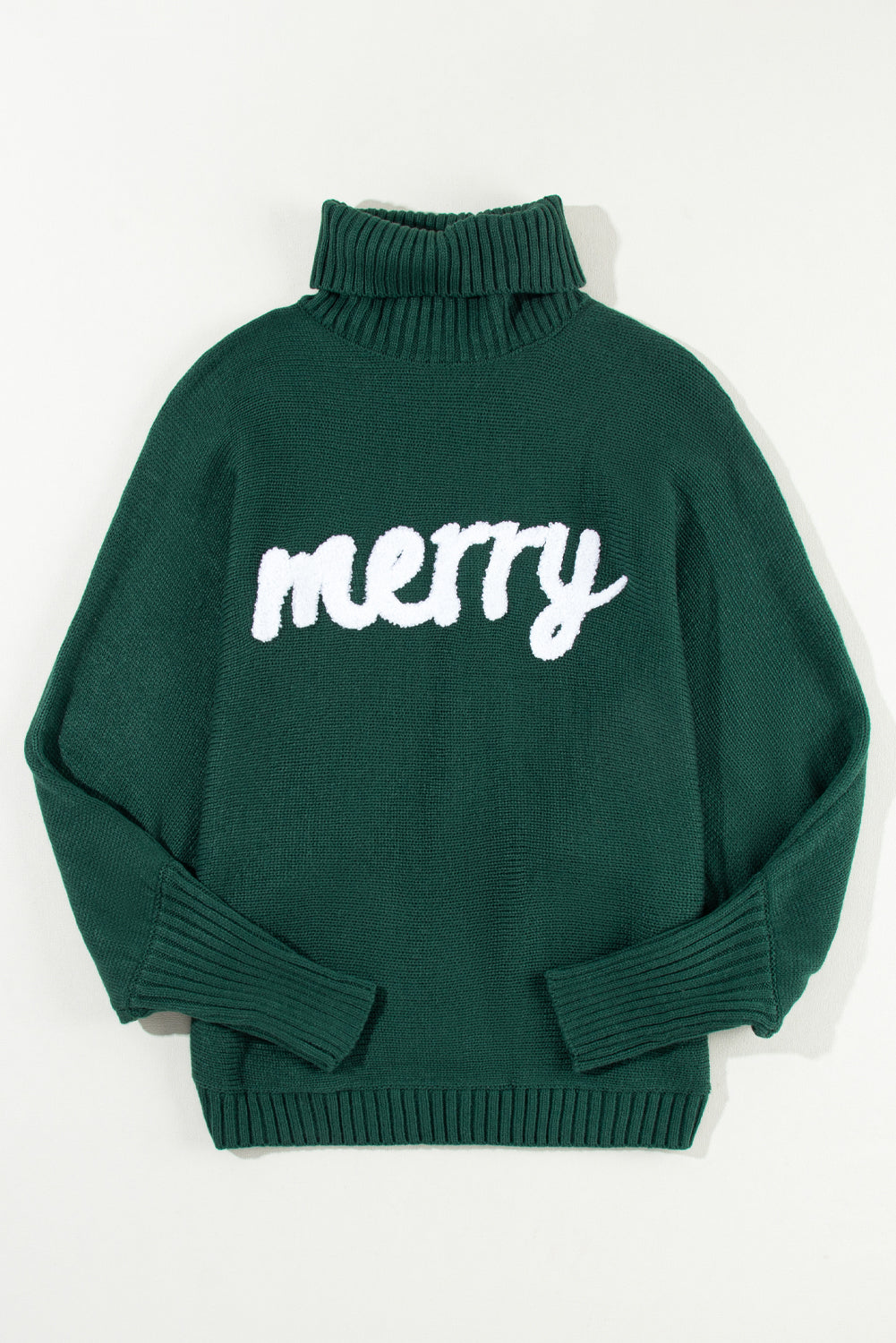 Dark Green Merry Letter Embroidered High Neck Sweater