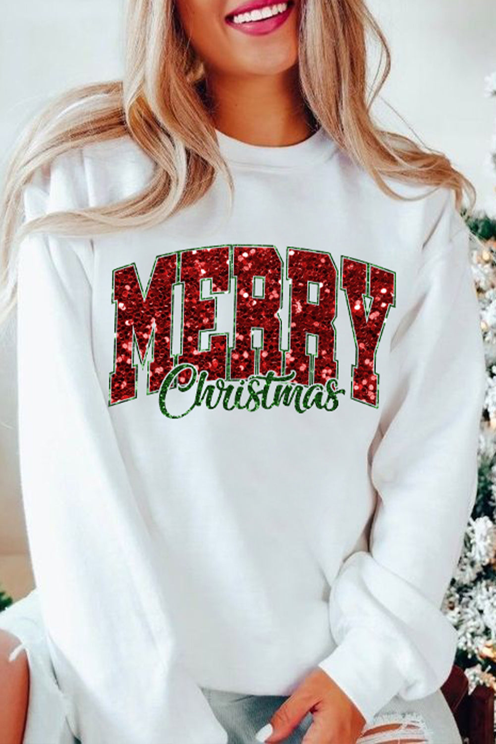 MERRY Christmas Heat Transfer Printing Crewneck Pullover Sweatshirt