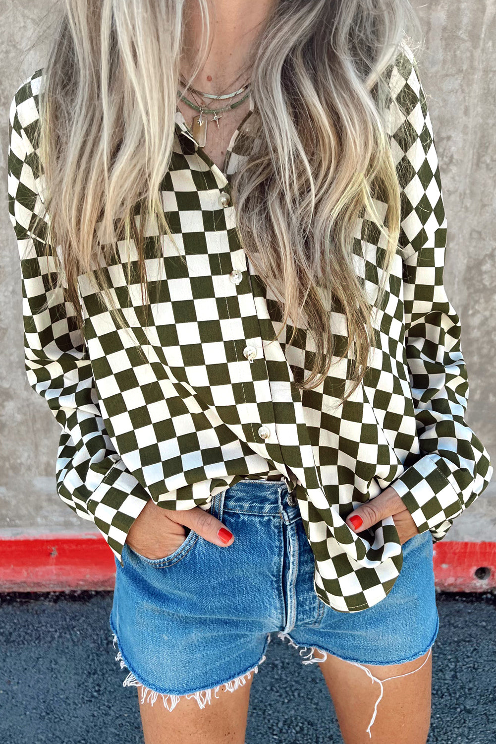 Green Checkerboard Printed Drop Shoulder Shirt