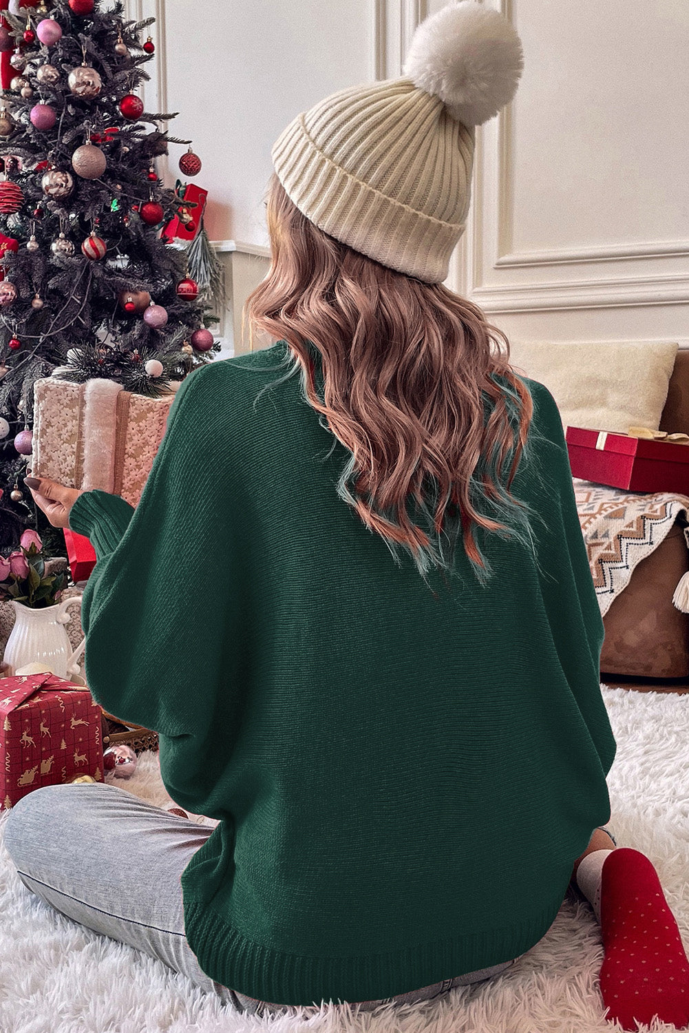 Dark Green Merry Letter Embroidered High Neck Sweater