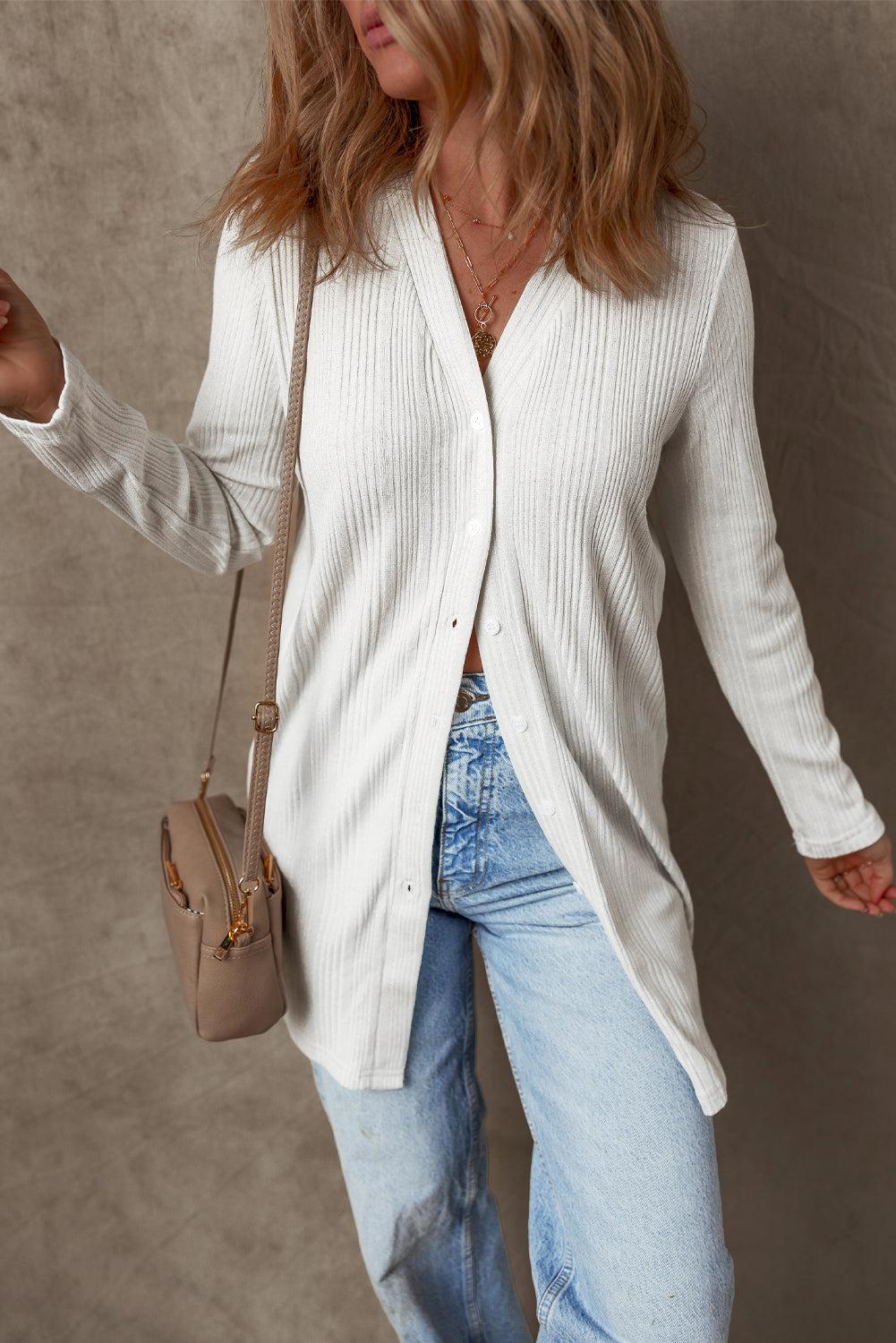 White Ribbed Button up Tunic Cardigan