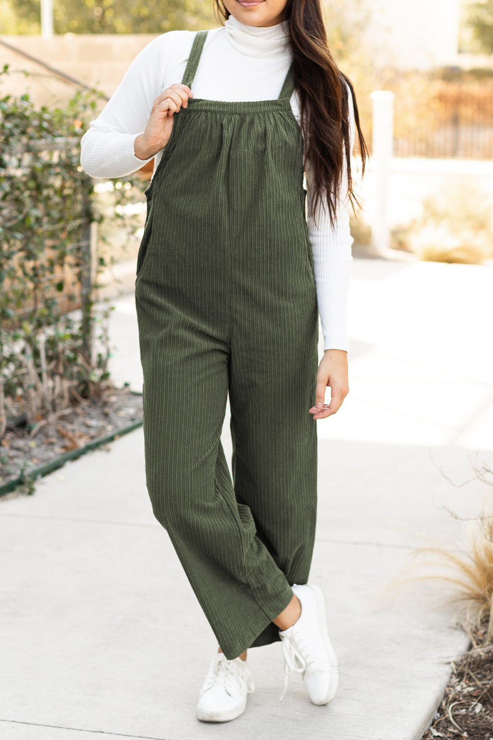 Jungle Green Solid Pocketed Loose Fit Corduroy Overall