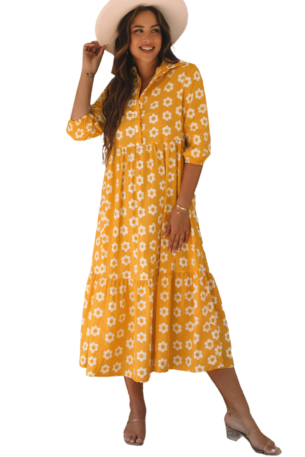 Yellow Flower Print Bracelet Sleeve Buttons Collared Maxi Dress