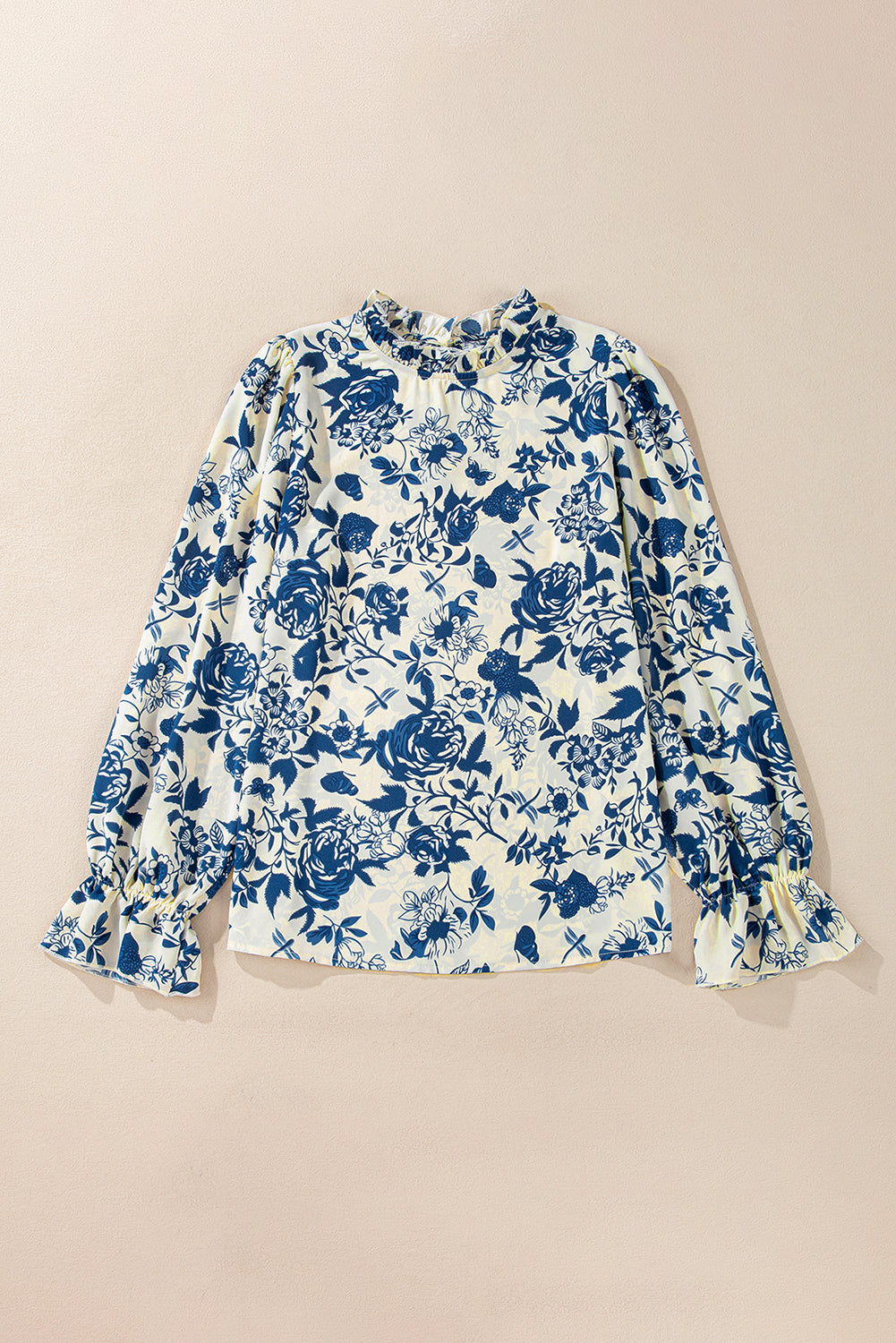 Blue Floral Print Flounce Sleeve Keyhole Back Blouse