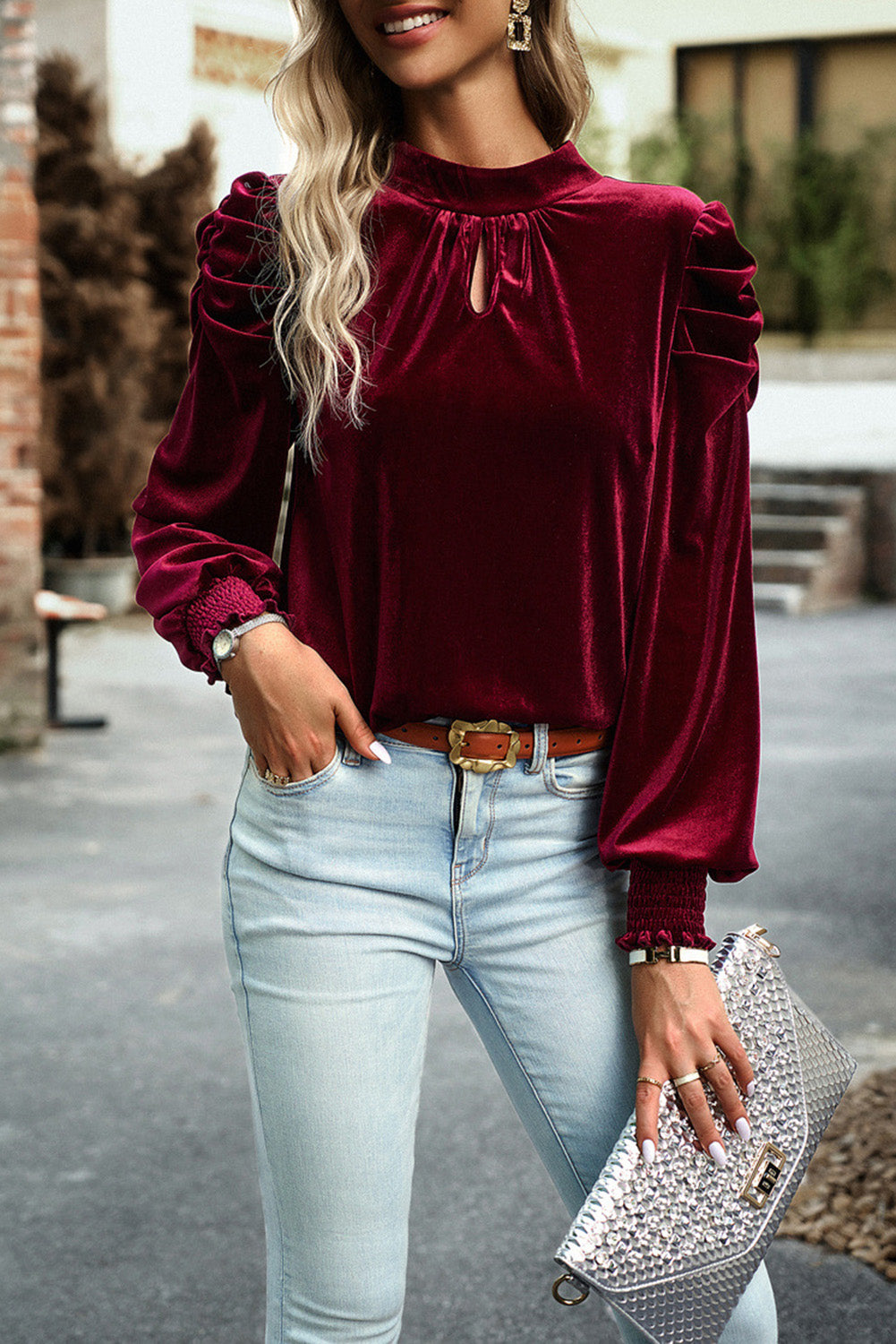 Puff Velvet Long Sleeve Blouse