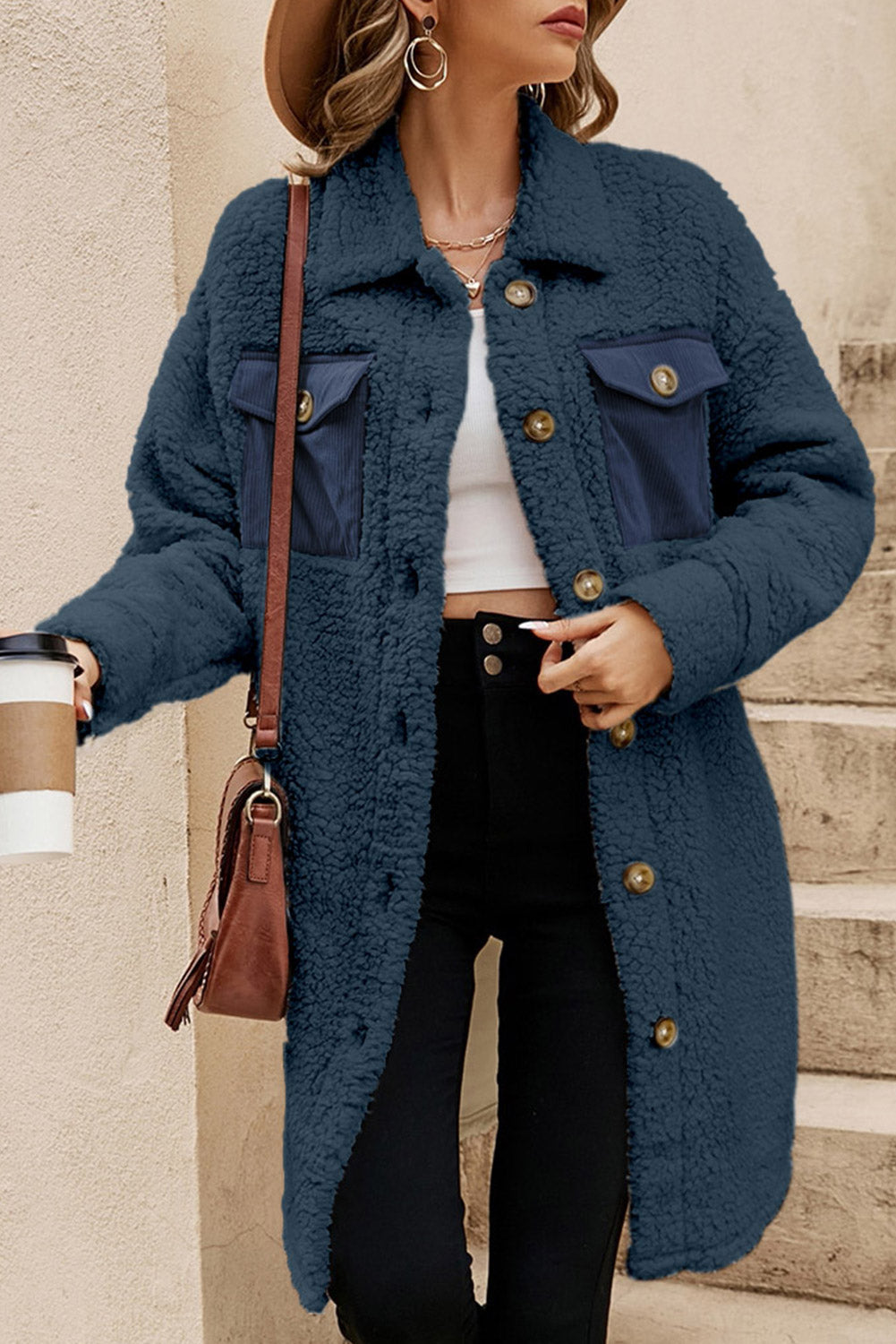 Blue Contrast Flap Teddy Coat