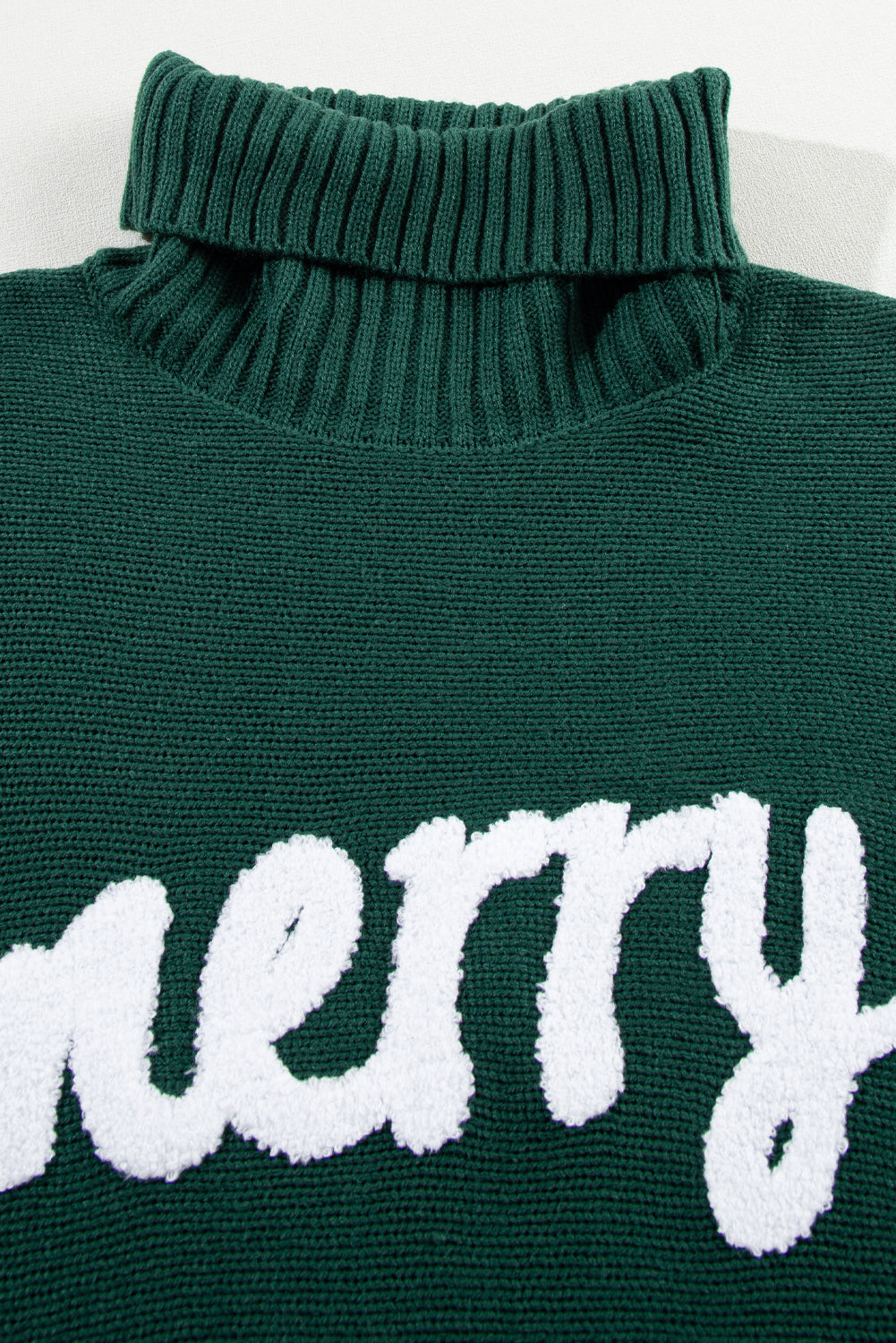 Dark Green Merry Letter Embroidered High Neck Sweater