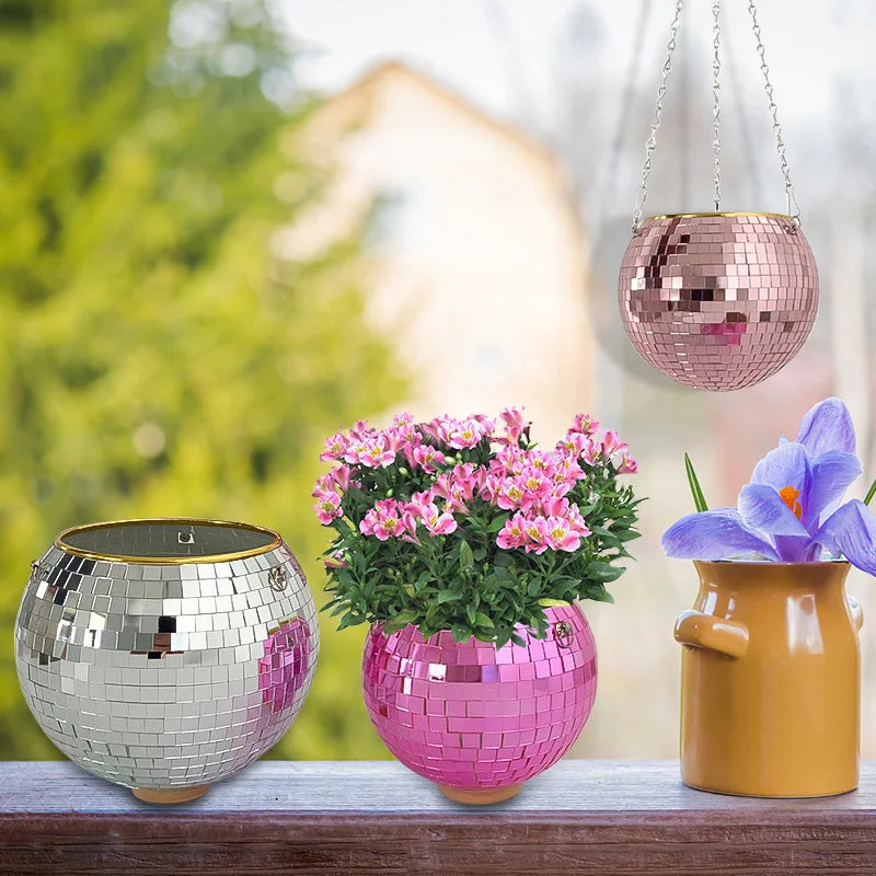 Disco Ball Planter Globe Shape Mirror Hanging Vase Flower Pots Hanging Planter Bohemian Style Flowerpots Garden Pots & Planters