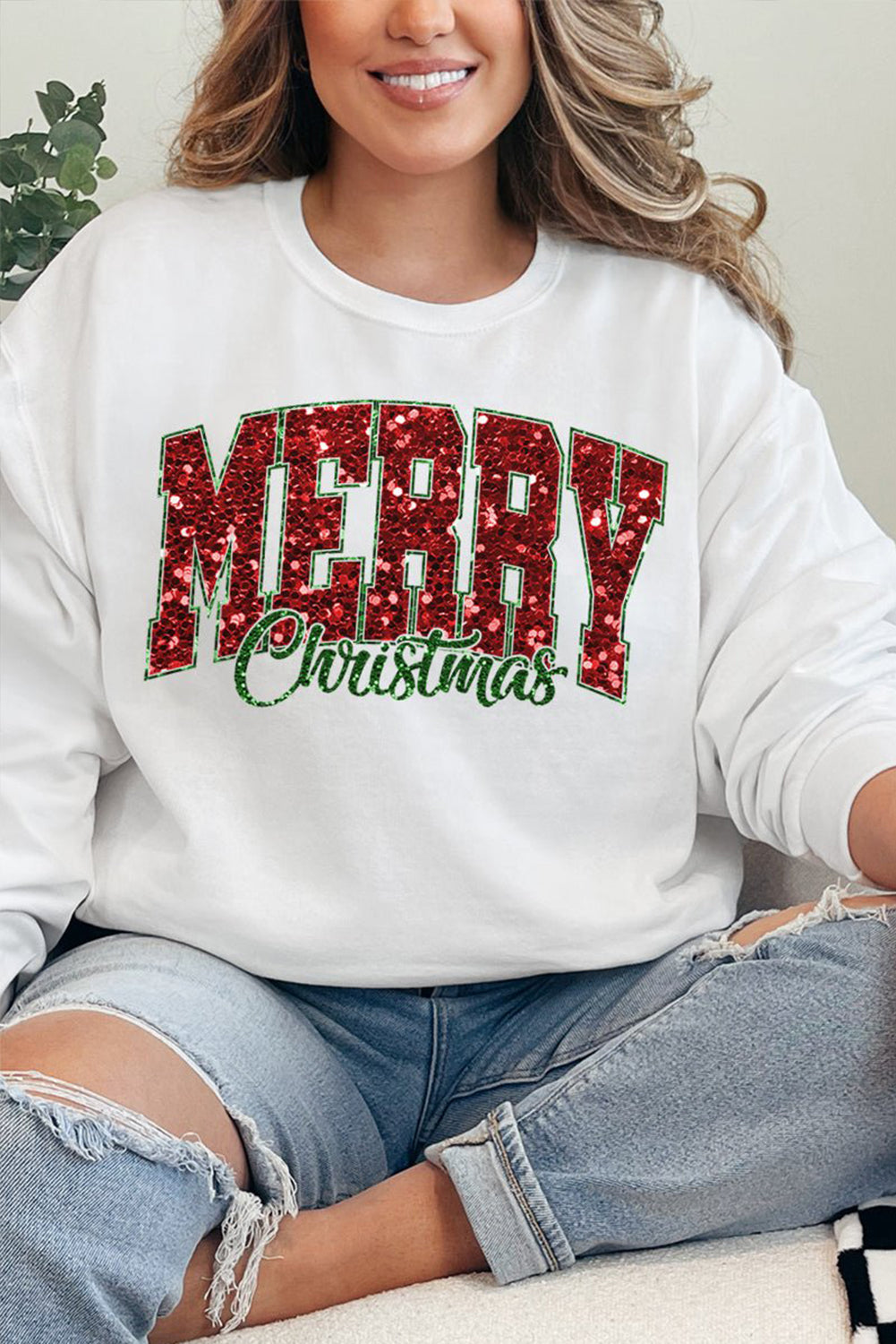 MERRY Christmas Heat Transfer Printing Crewneck Pullover Sweatshirt