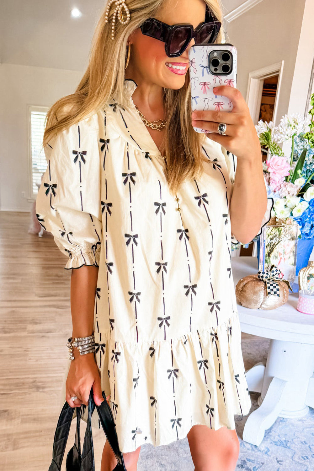 Beige Bow Printed Bubble Sleeve Mini Dress