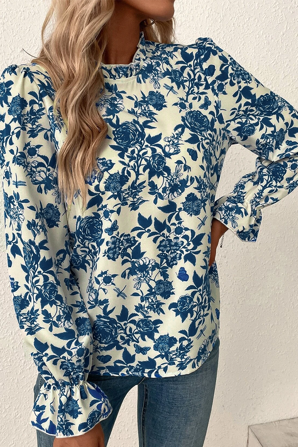 Blue Floral Print Flounce Sleeve Keyhole Back Blouse