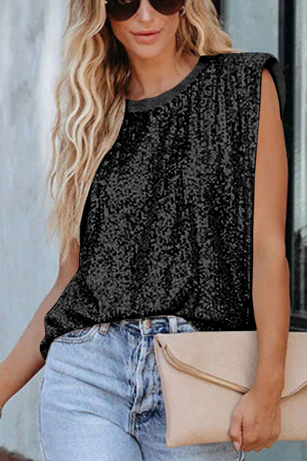 Black Apricot Sequin Round Neck Tank Top