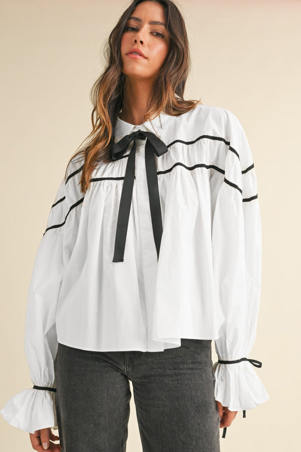 Ribbon Bowtie Collared Ruffled Puff Sleeve Shirt