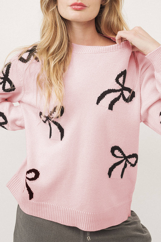 Light Pink Bow Pattern Loose Fit Sweater