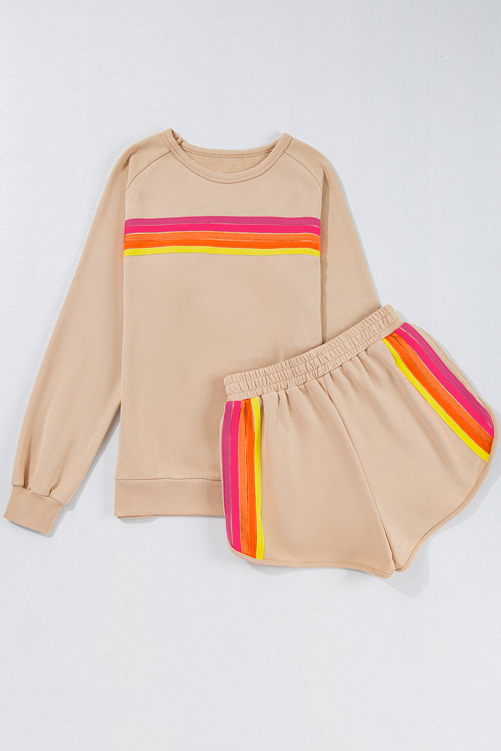 Apricot Striped Accent Pullover and Shorts Two Piece Casual Set