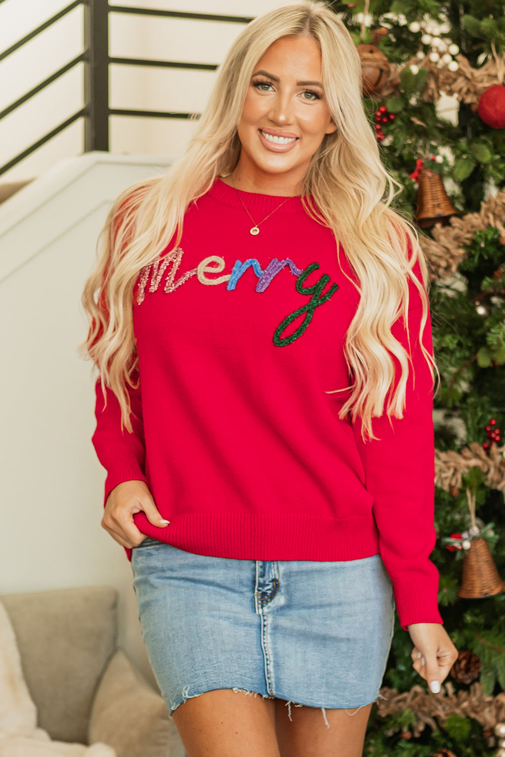 Red Tinsel Merry Letter Drop Shoulder Baggy Sweater