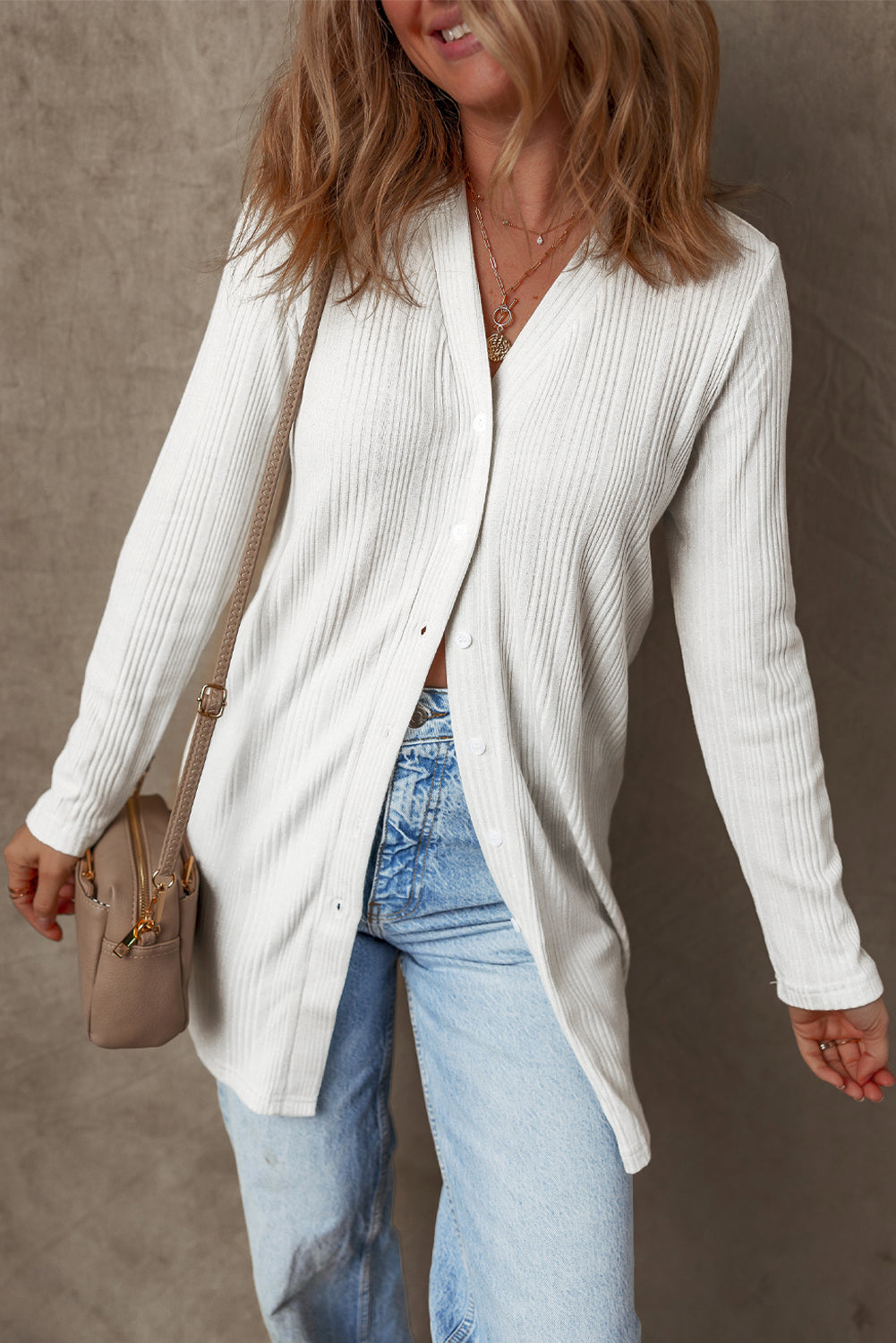 White Ribbed Button up Tunic Cardigan