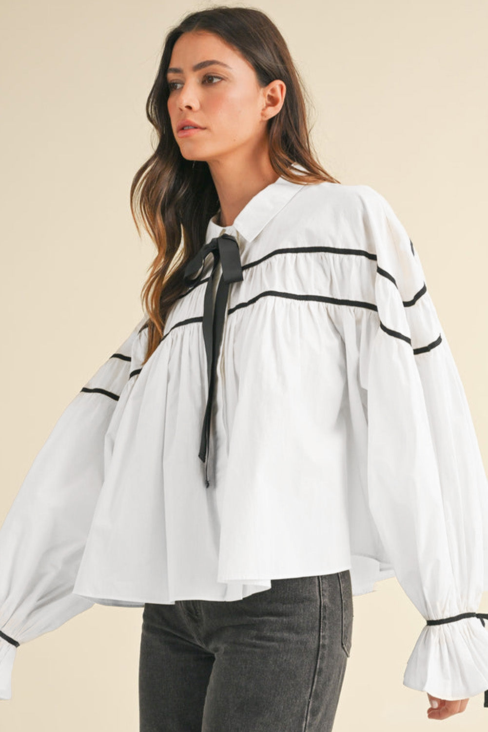 Ribbon Bowtie Collared Ruffled Puff Sleeve Shirt