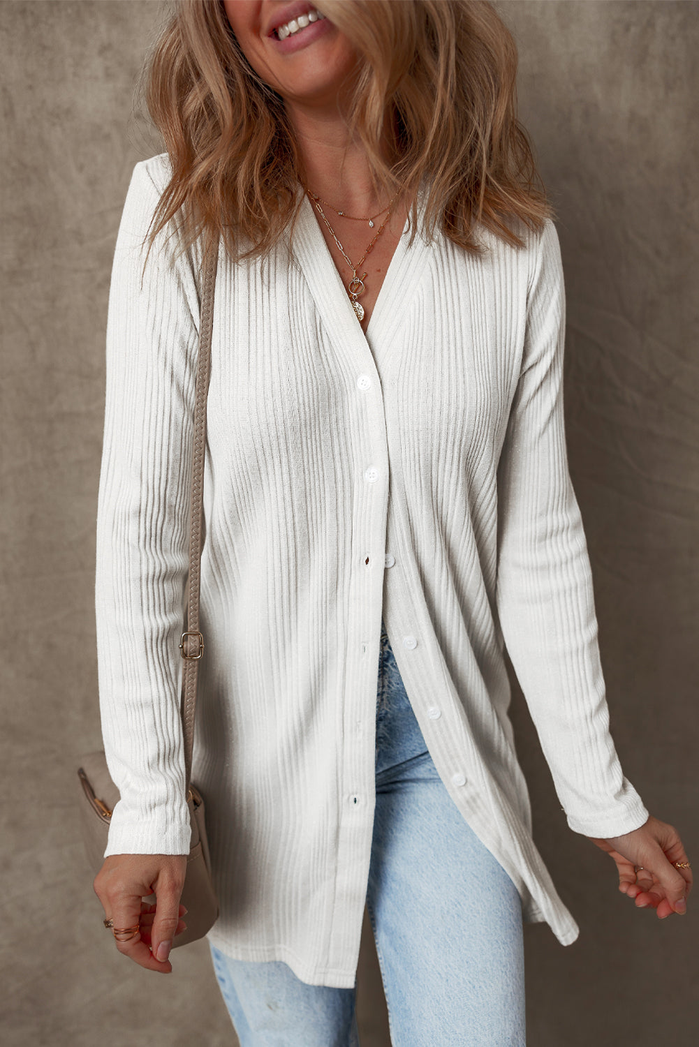 White Ribbed Button up Tunic Cardigan