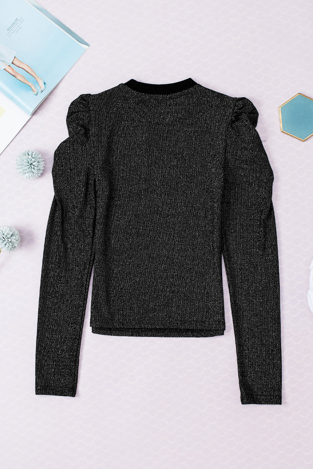 Black Gigot Sleeve Metallic Knit Slim Fit Top