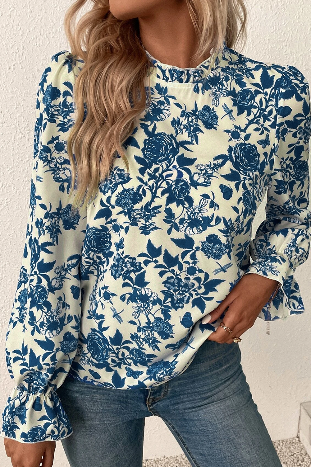 Blue Floral Print Flounce Sleeve Keyhole Back Blouse