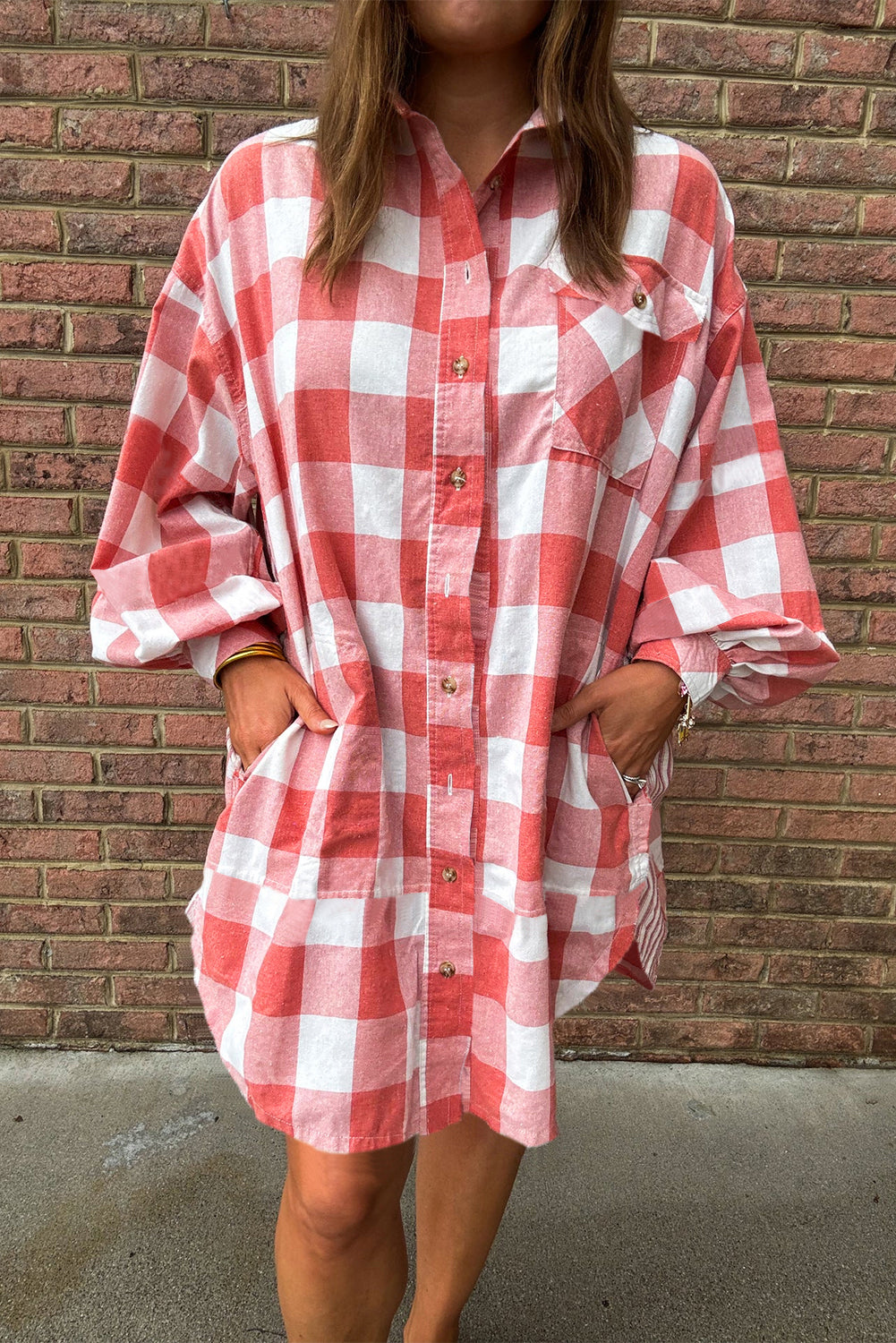 Oversized Plaid Puff Sleeve Shirt Dress