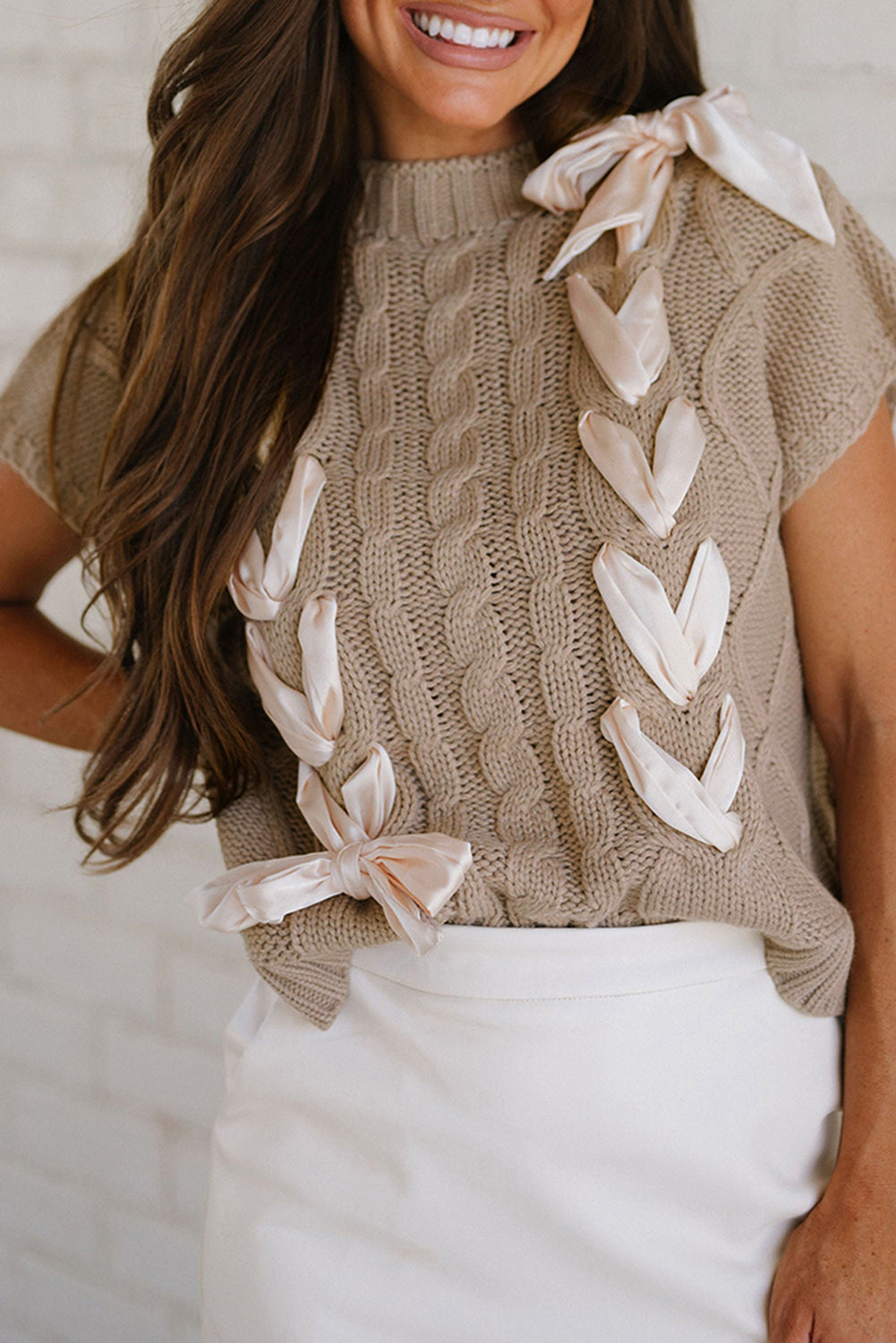 Taupe Cable Knit Satin Bowknot Short Sleeve Sweater