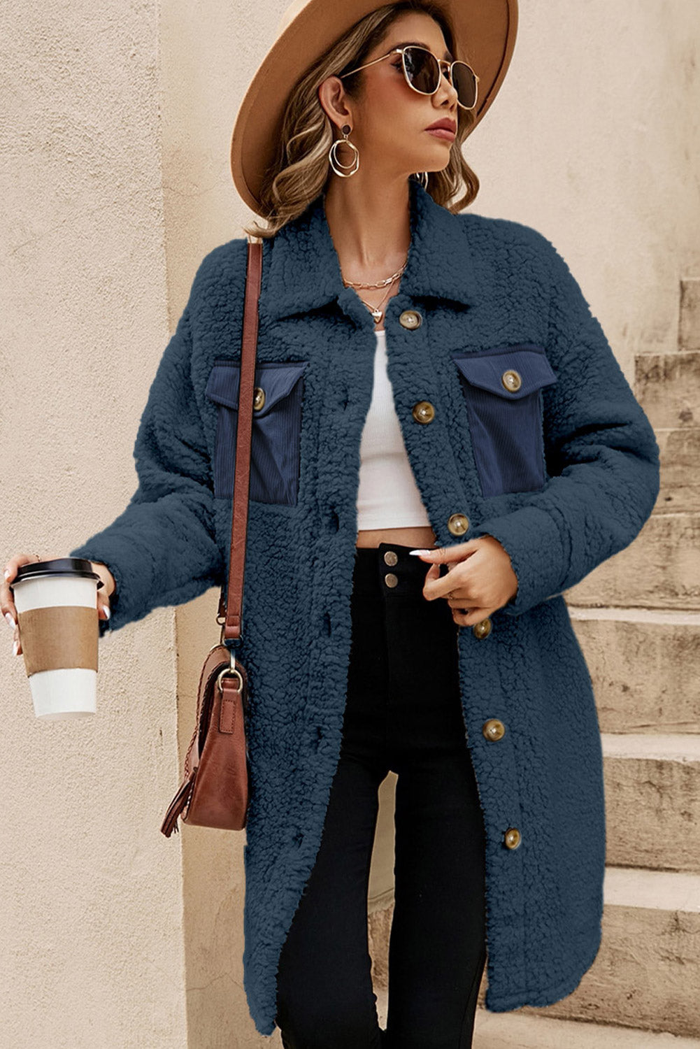 Blue Contrast Flap Teddy Coat