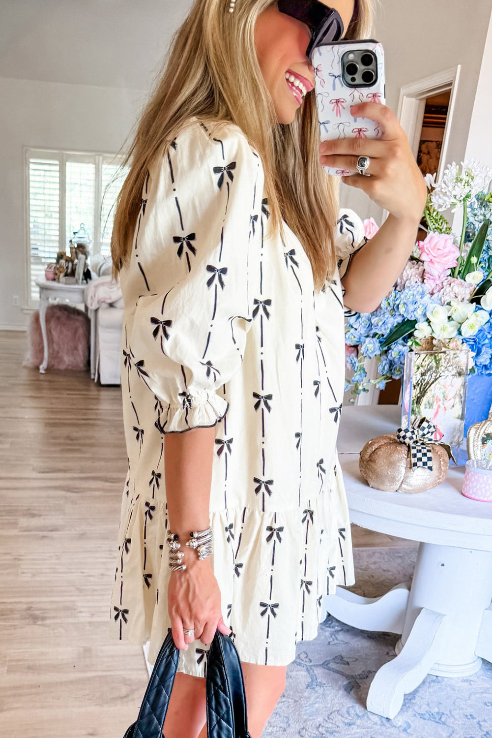 Beige Bow Printed Bubble Sleeve Mini Dress