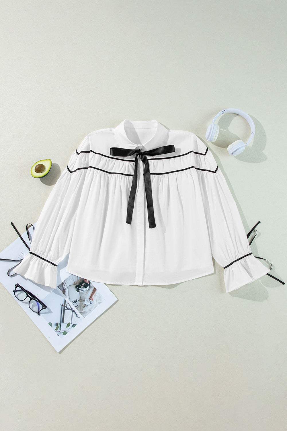 Ribbon Bowtie Collared Ruffled Puff Sleeve Shirt