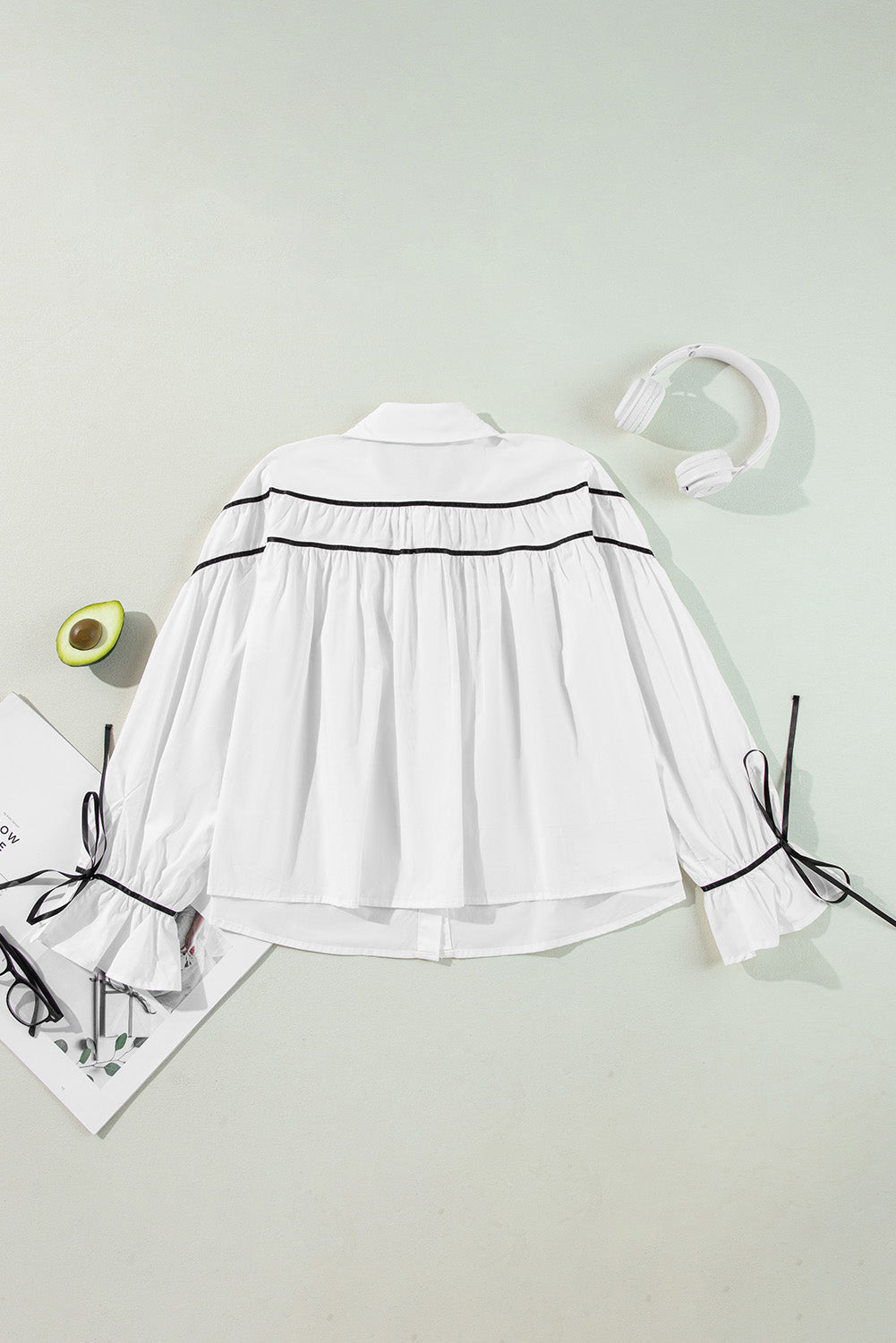 Ribbon Bowtie Collared Ruffled Puff Sleeve Shirt