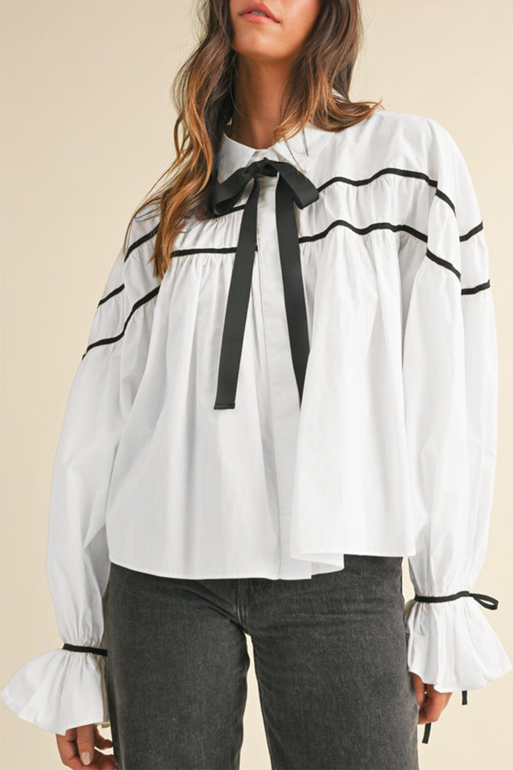 Ribbon Bowtie Collared Ruffled Puff Sleeve Shirt